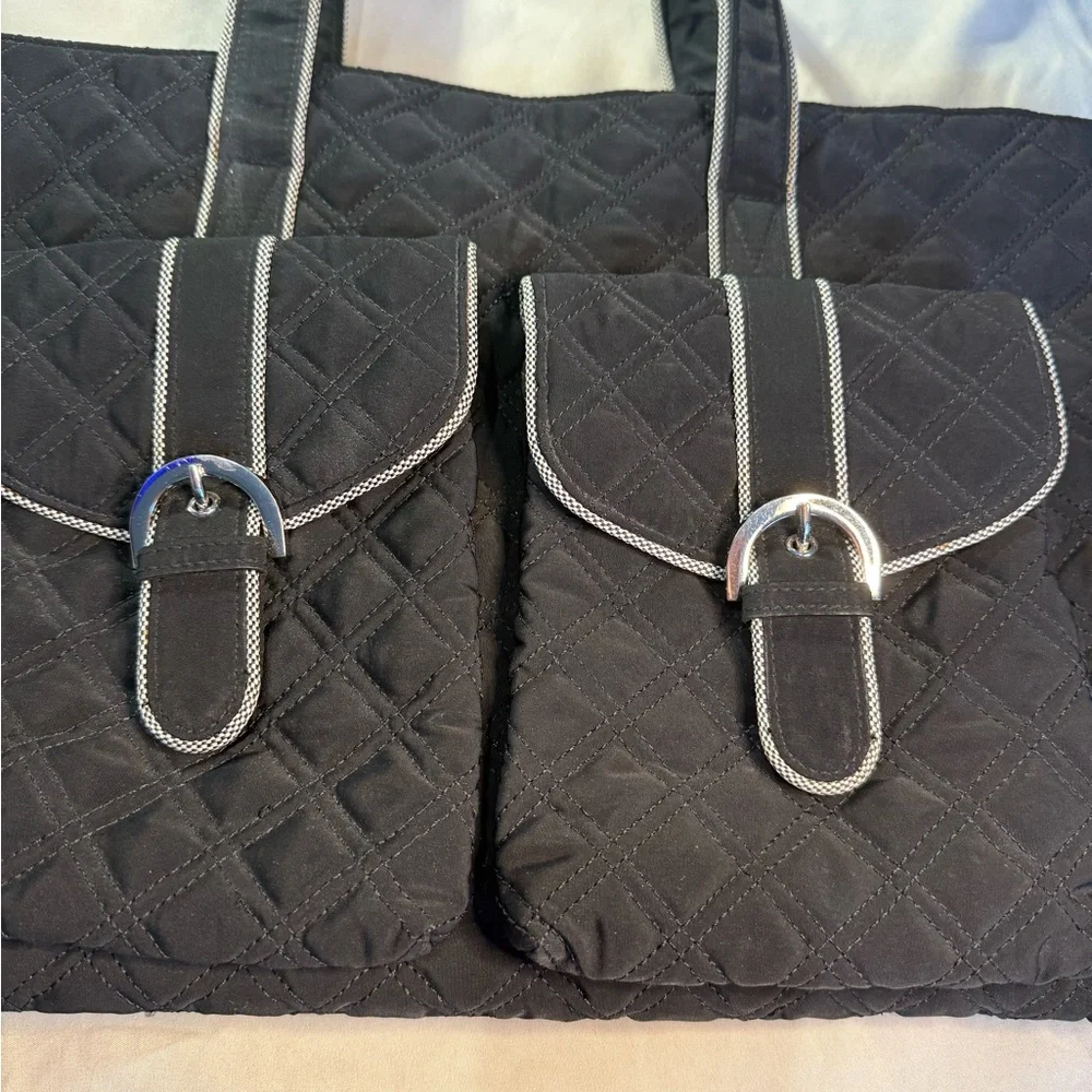 Vera Bradley Black Quilted Large Tote Bag Purse 
With Floral Lining Zip Top - Picture 2 of 8